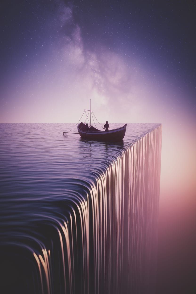 Fishing Boat on Impossible Sea Cliff in Digital Art