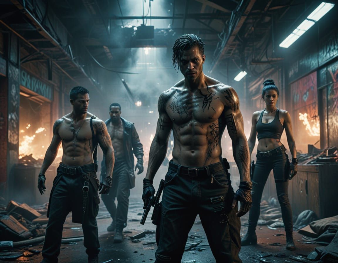 Cyberpunk Hackers Battle Gang in Neon-Lit Mall