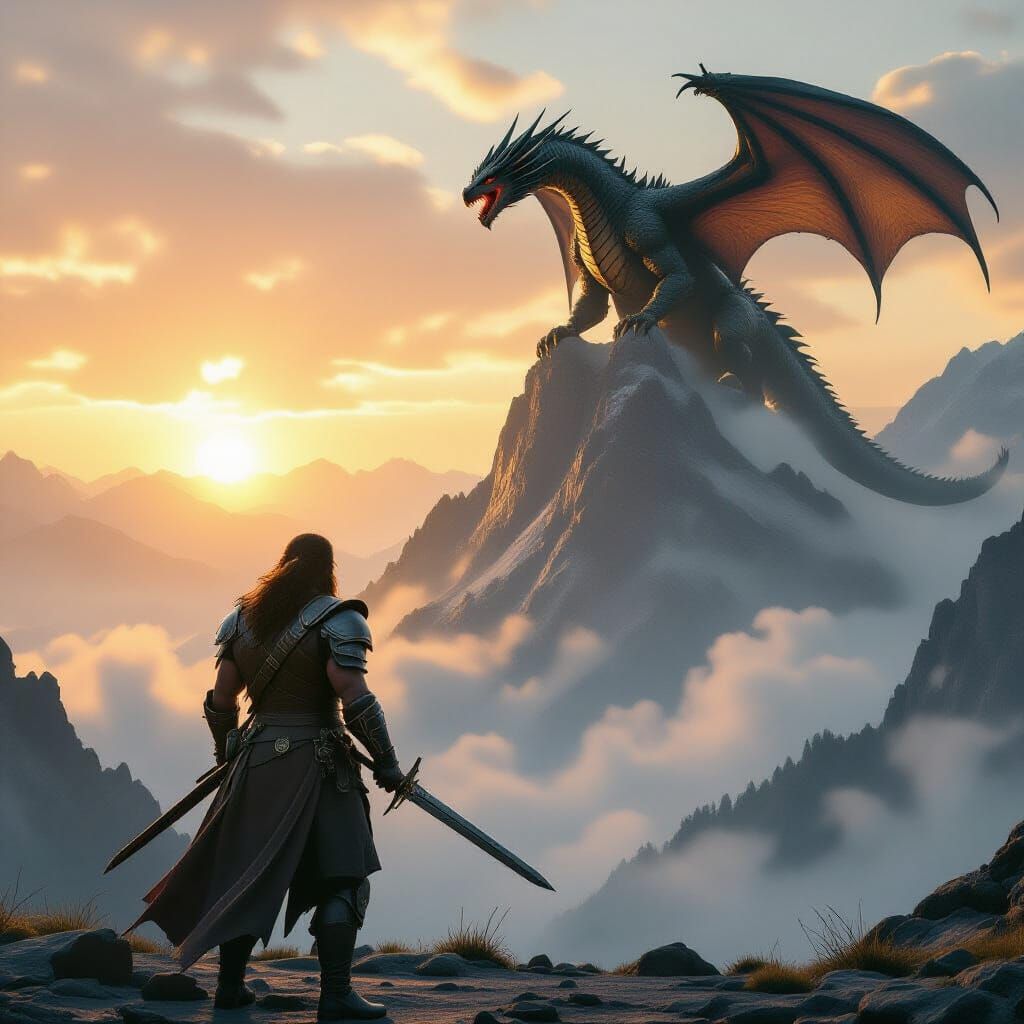 Hero Confronts Dragon at Sunrise: Cinematic Fantasy Scene