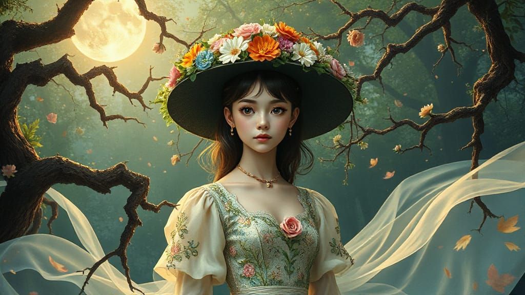 Enchanted Forest Woman in Floral Crown, Anime Hyperrealism