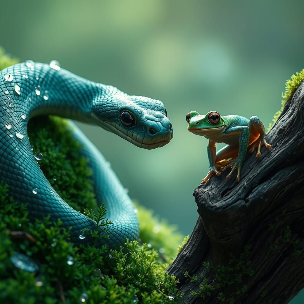 Serpent and Frog in Misty Morning Enclave