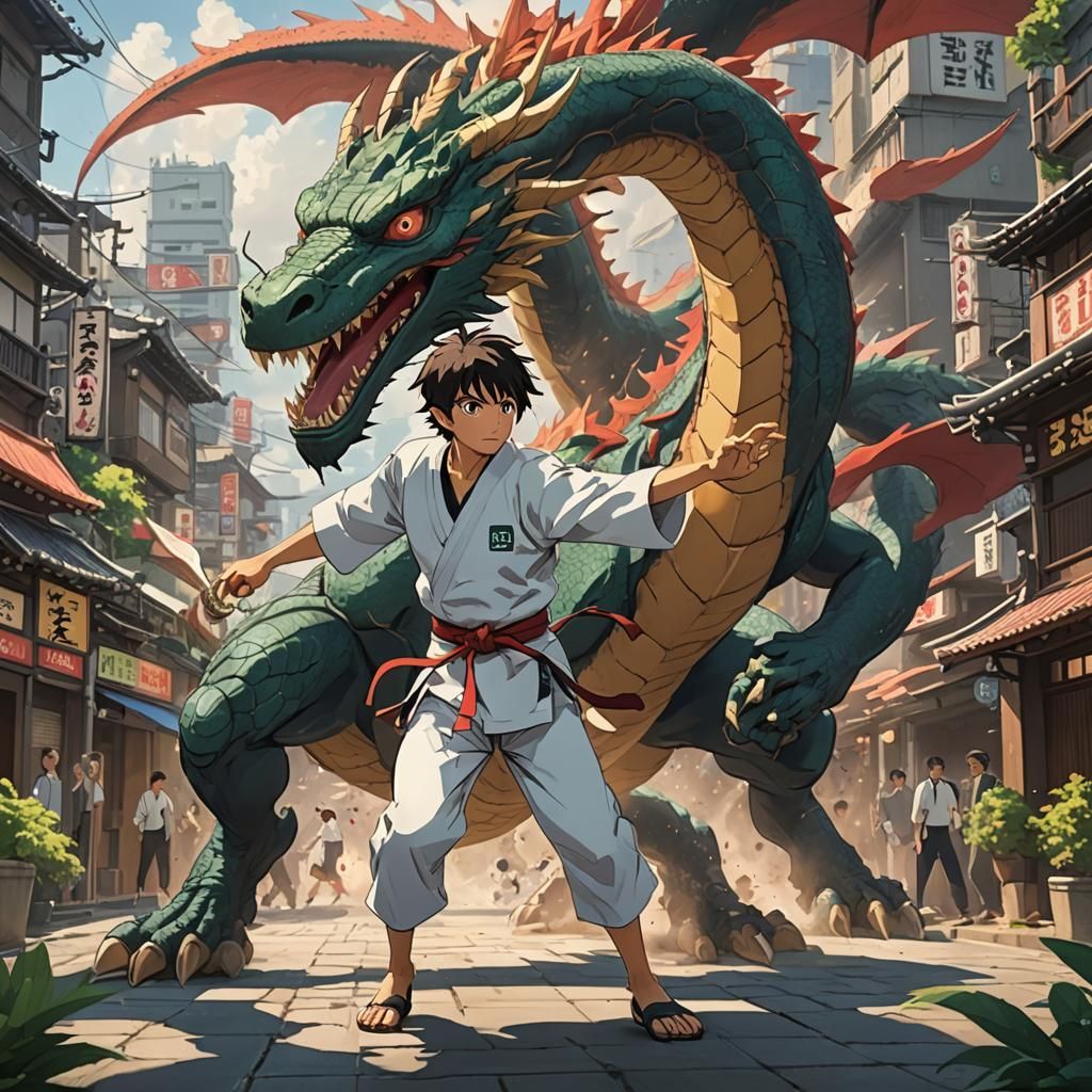 Boy Battles Dragon in Anime-Style Japanese City