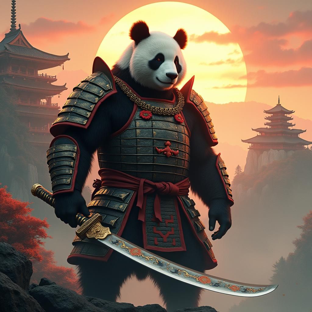 Panda Samurai in Japanese Landscape, Digital Art