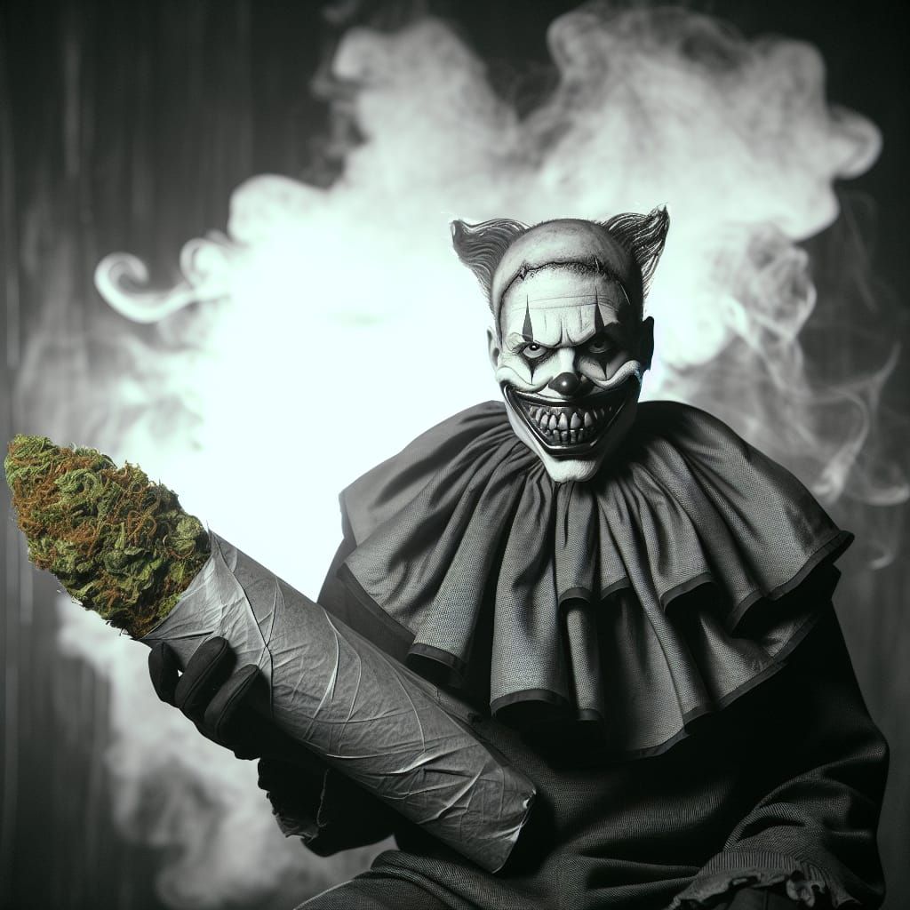 Menacing Clown with Oversized Prop in Dark Setting