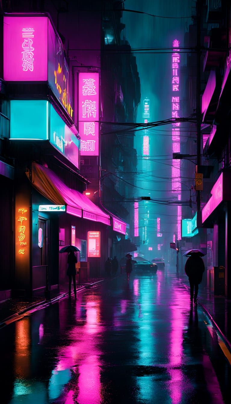 Vibrant Cyberpunk Cityscape with Neon Lights and Wet Streets