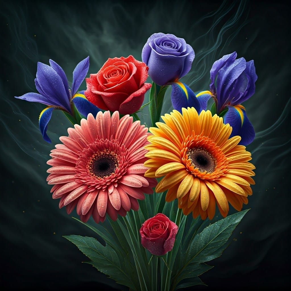 Glass Flowers with Dew in Digital Painting Style