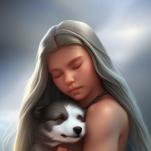 Girl Hugging Dog: Detailed Digital Portrait
