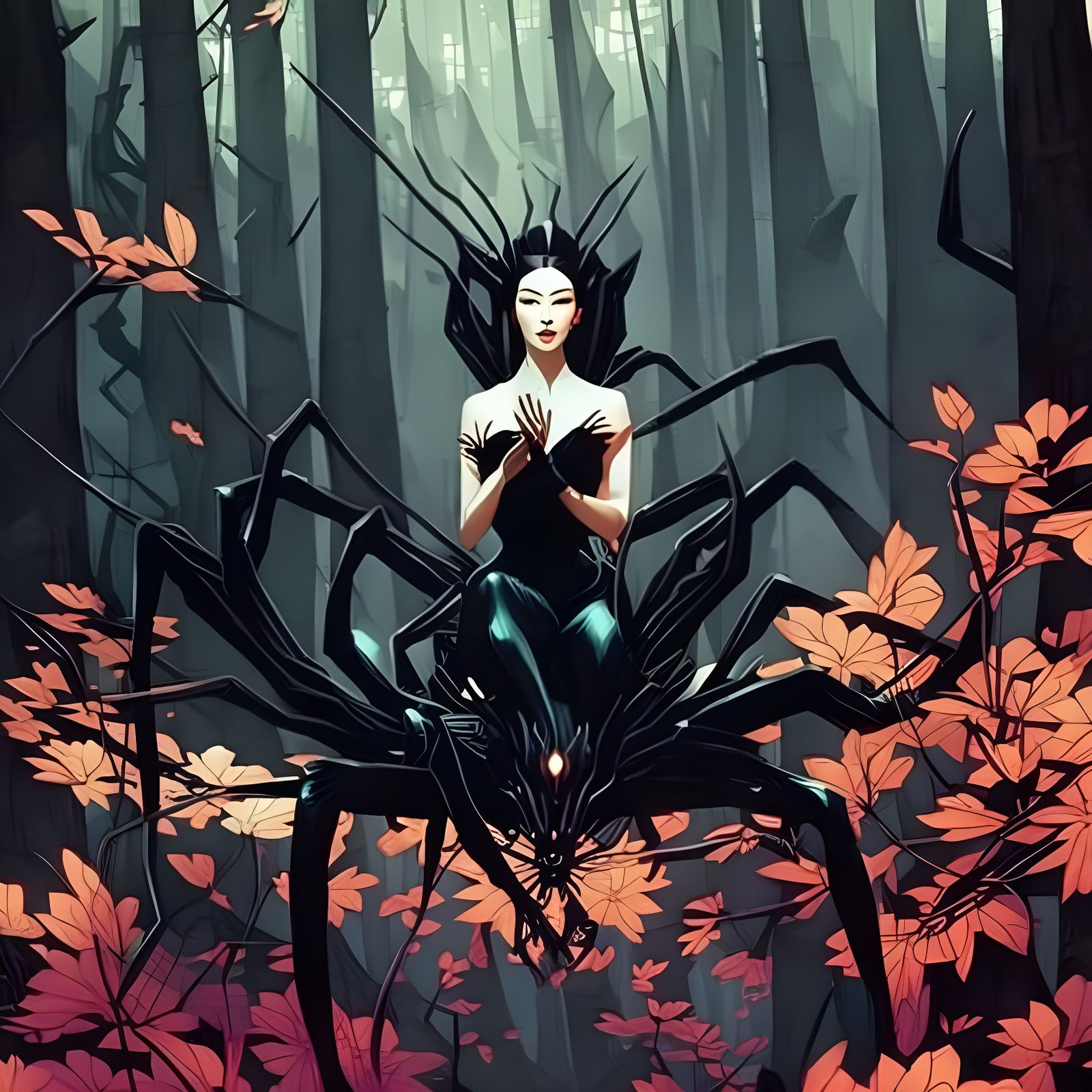 Asian Woman Rides Giant Spider in Dark Fantasy Art