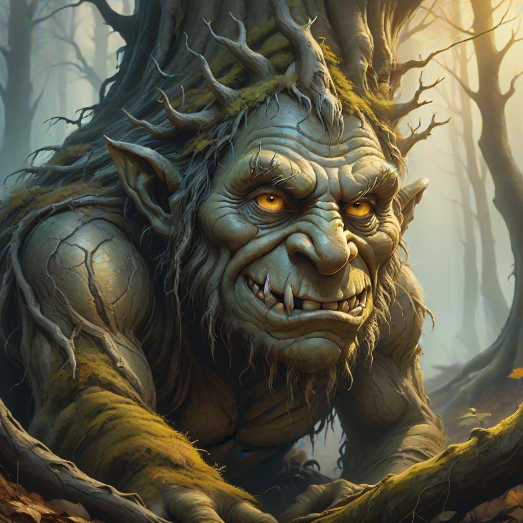 Eerie Troll Face Hidden in Misty Autumnal Forest