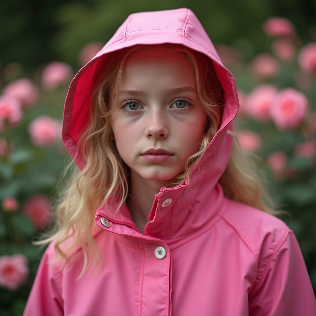 English Teen Girl in Vibrant Pink Raincoat