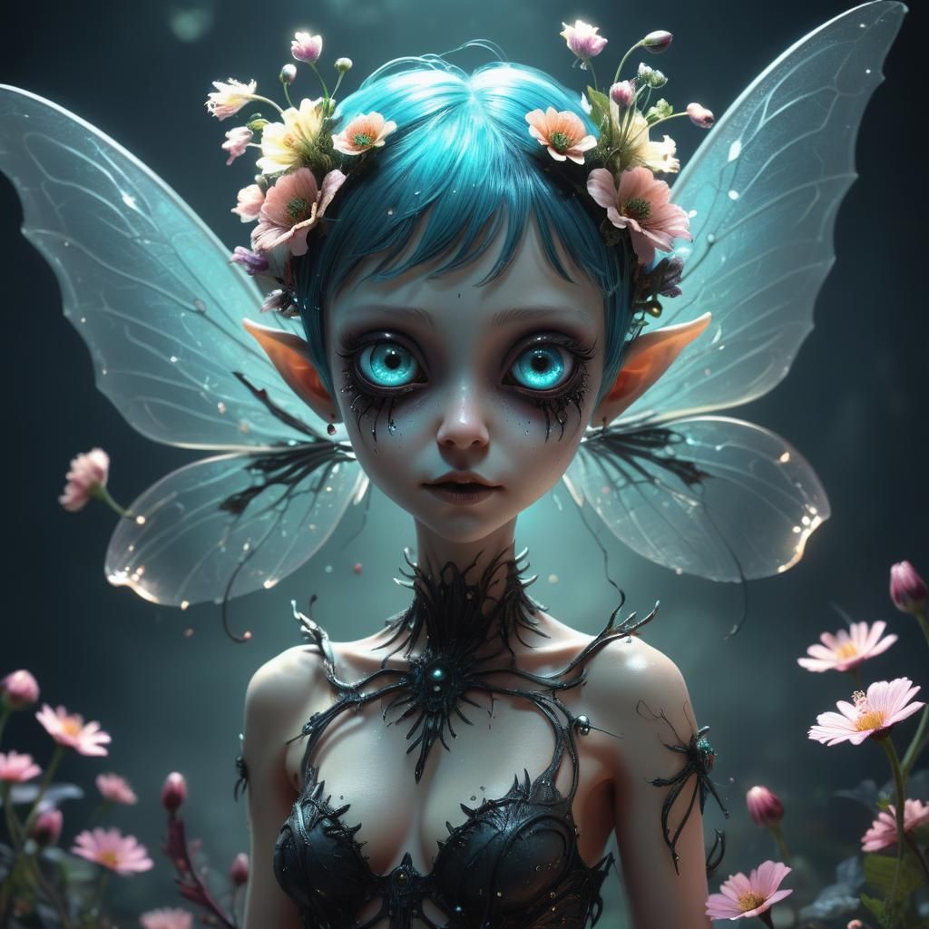 Creepy Beautiful Pixie with Bioluminescent Wings