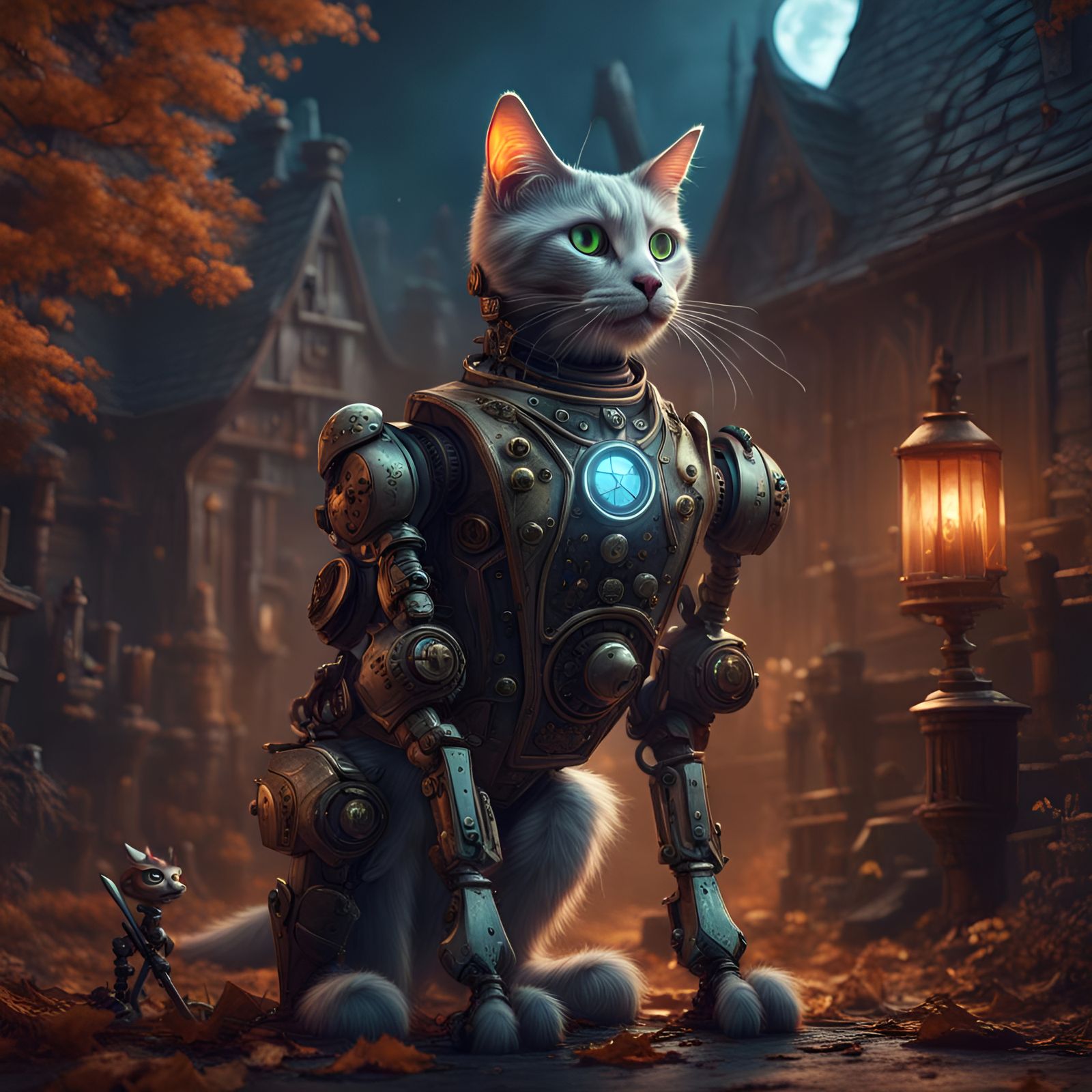 Robot Cat in Witch's Arms, Detailed Digital Art