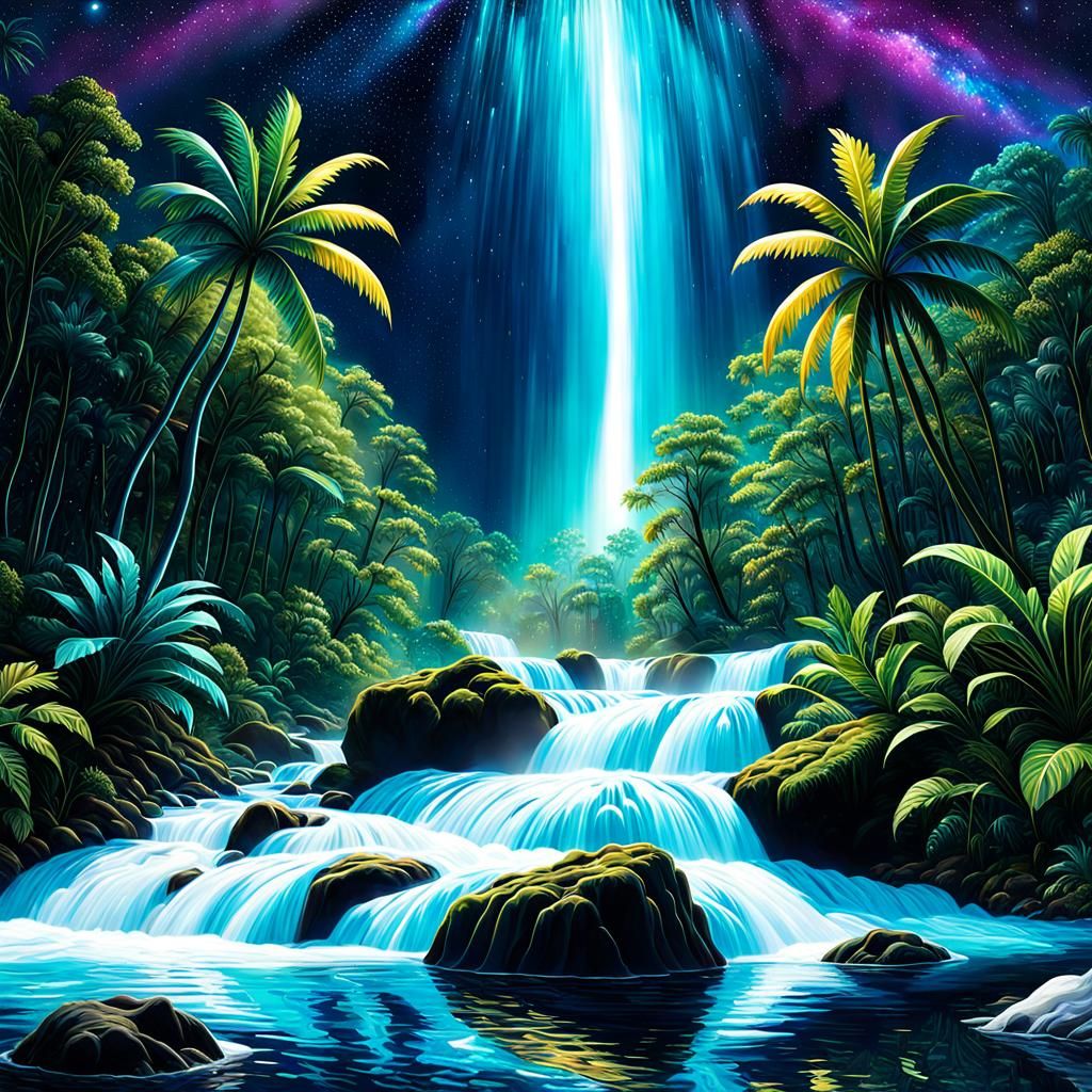 Luminous Rainforest with Astral Night Sky