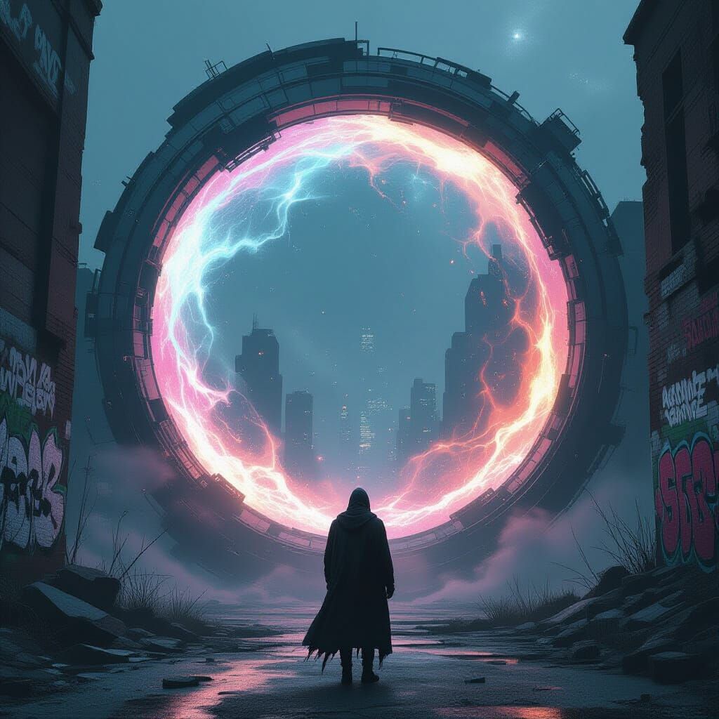 Figure Before Cosmic Portal in Decaying Cityscape