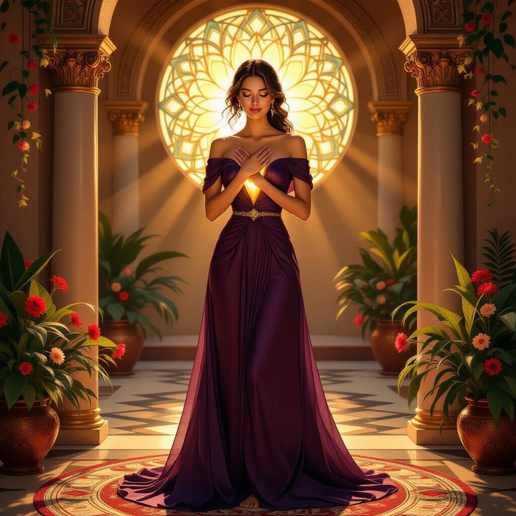 Serene Woman in Jewel Toned Gown, Golden Light, Oil Painting