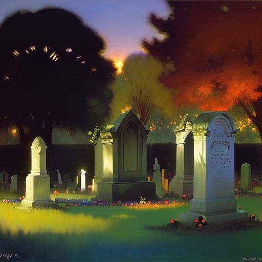 Cemetery in Vibrant Light, Classical Painting Style
