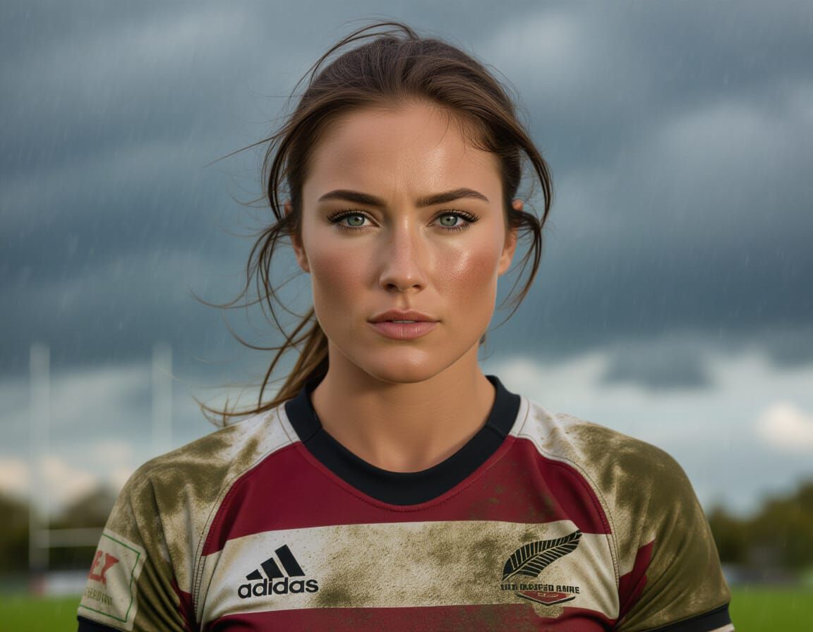 Glamour Portrait of Athletic Woman on Rugby Pitch