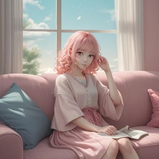 Manga-Style Younger Sister Relaxing on Couch