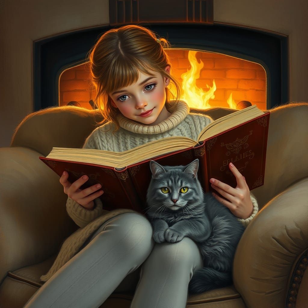 Girl Reading Book with Cat by Fireplace