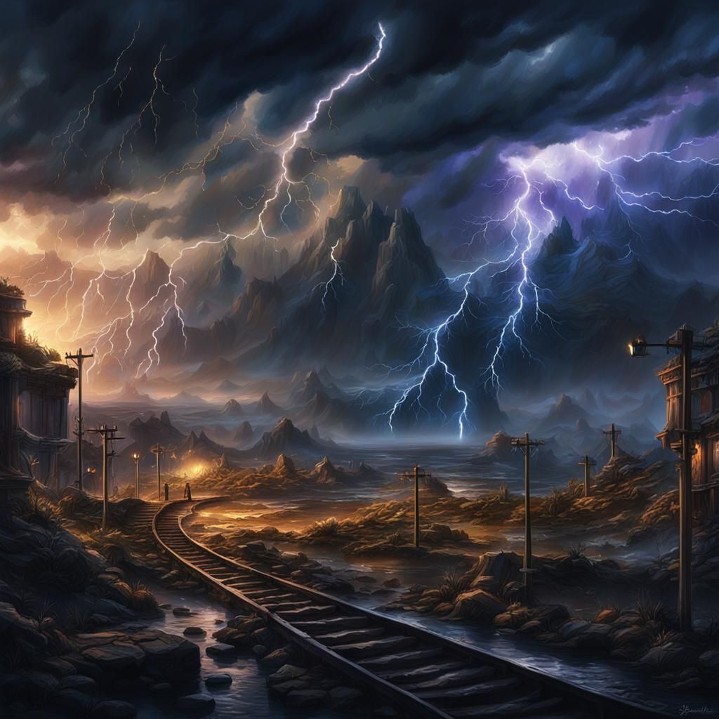 Dramatic Lightning Storm Landscape in Detailed Matte Paintin...