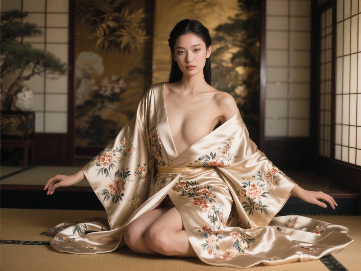 Stunning Woman in Opulent Japanese Interior