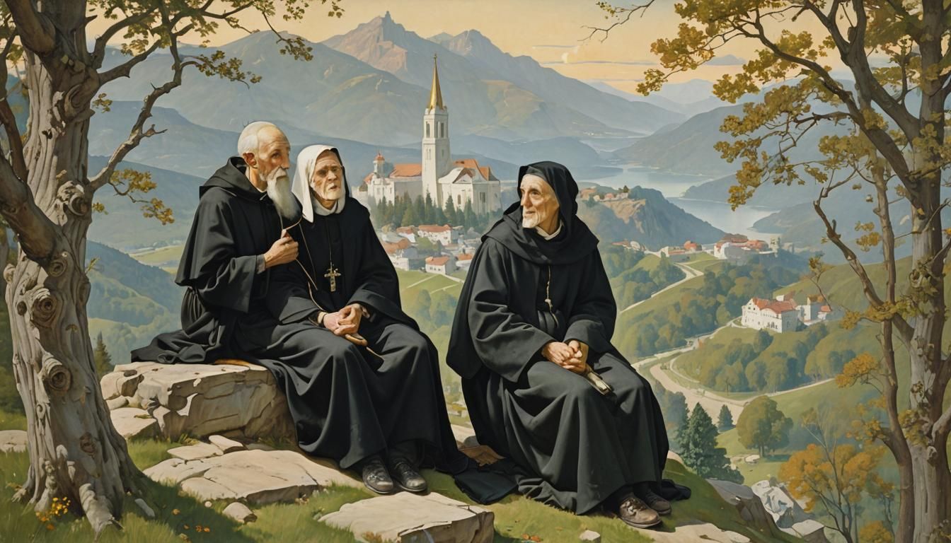 Saint Benedict and Saint Scholastica alone on a hillside, both exhibit facial expressions of joyous contemplation, sunsh...