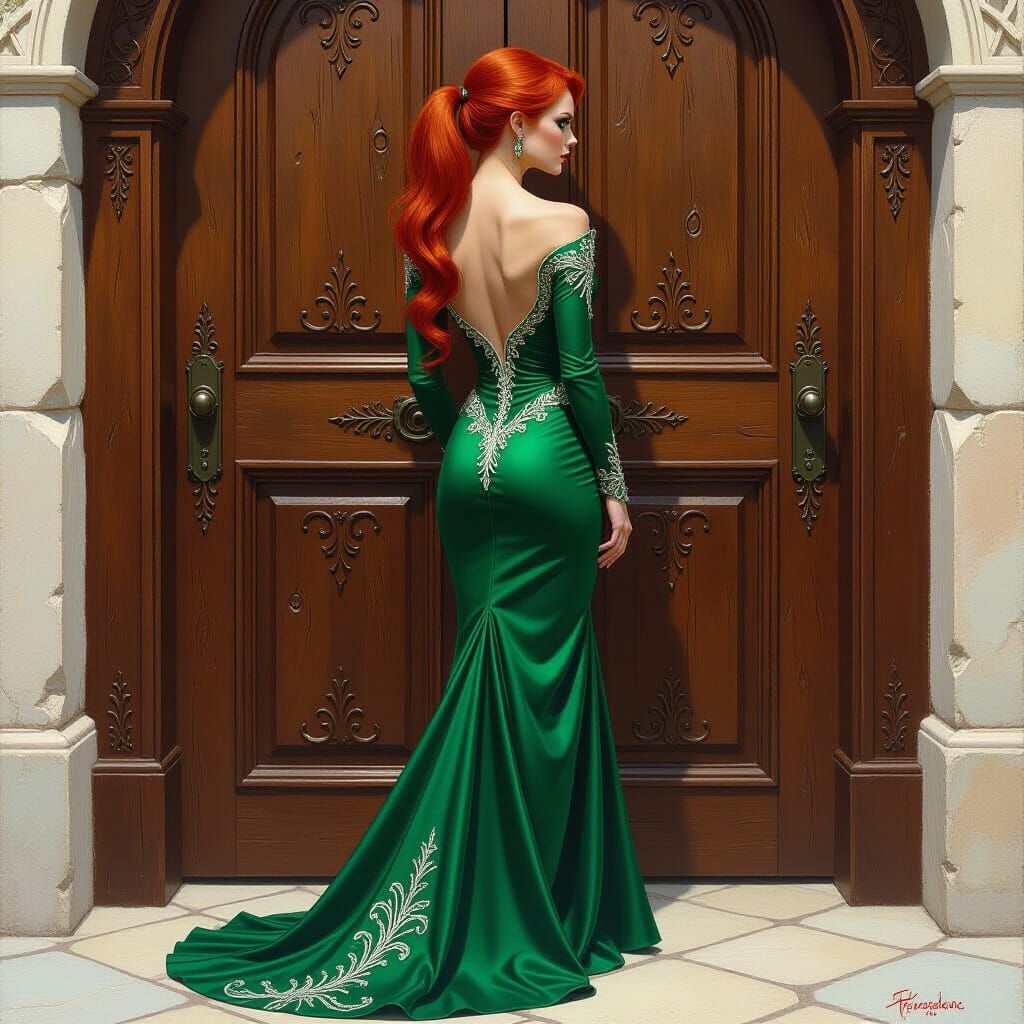 Red-Haired Elf in Emerald Gown, Fantasy Art