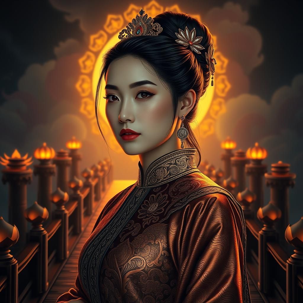 Regal Woman on Lotus Pier in Art Nouveau Style