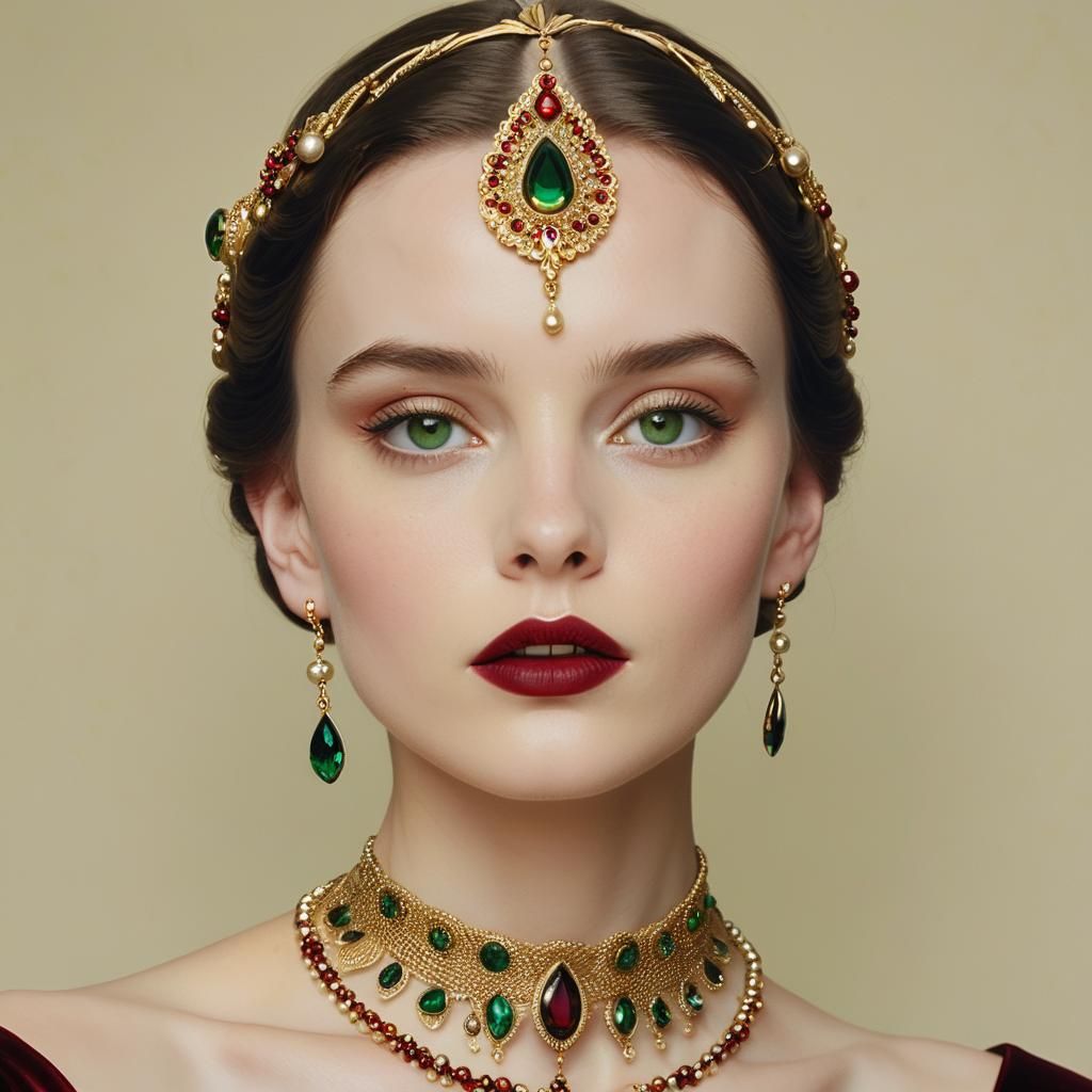 Woman in Regal Jewelry, Cinematic Portrait Inspired by Klimt