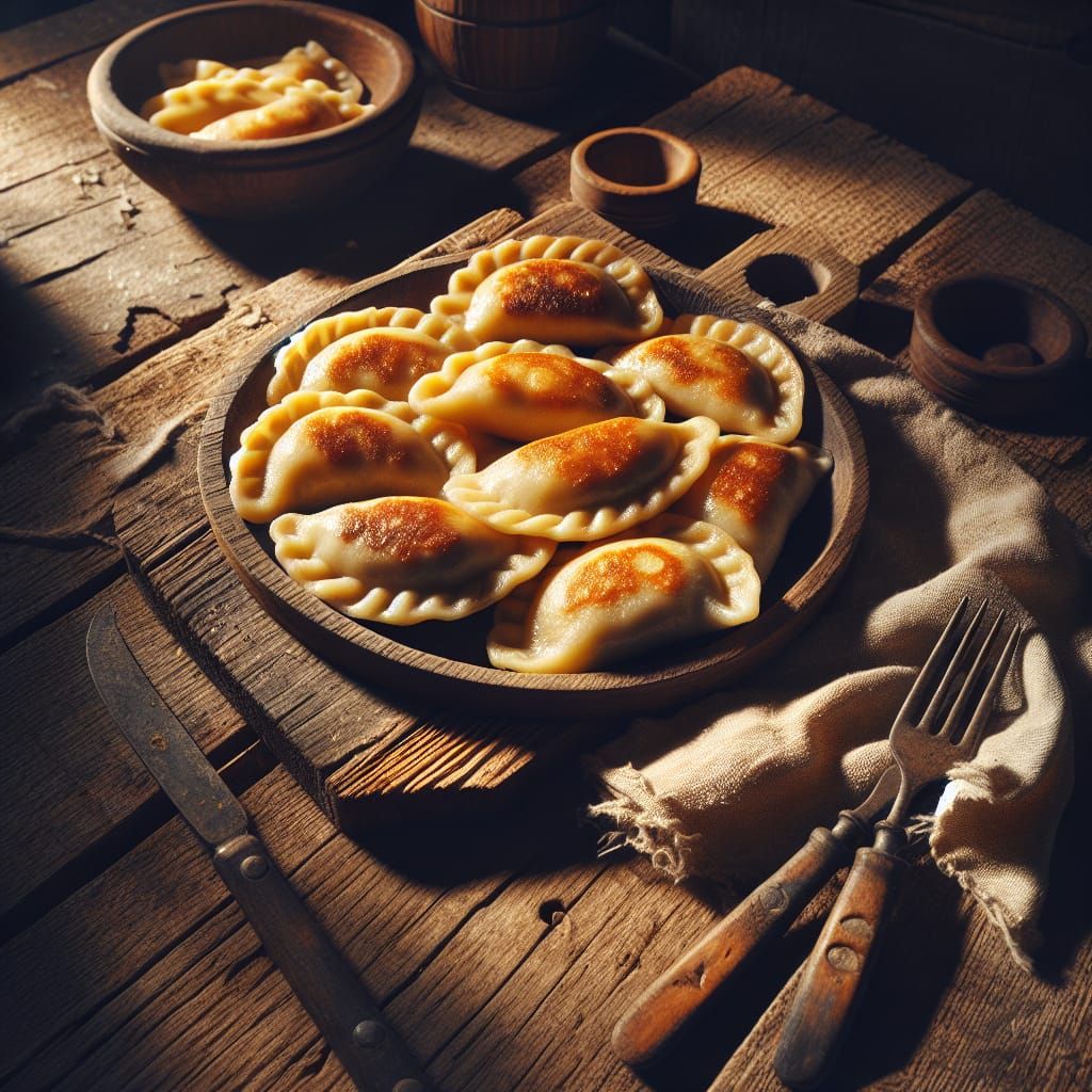 Medieval Cheese Pierogi on Rustic Wooden Table