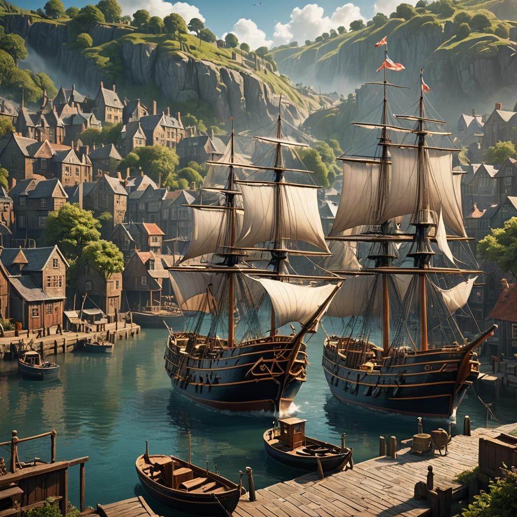 Summer Harbour Tallship in Detailed Matte Painting Style