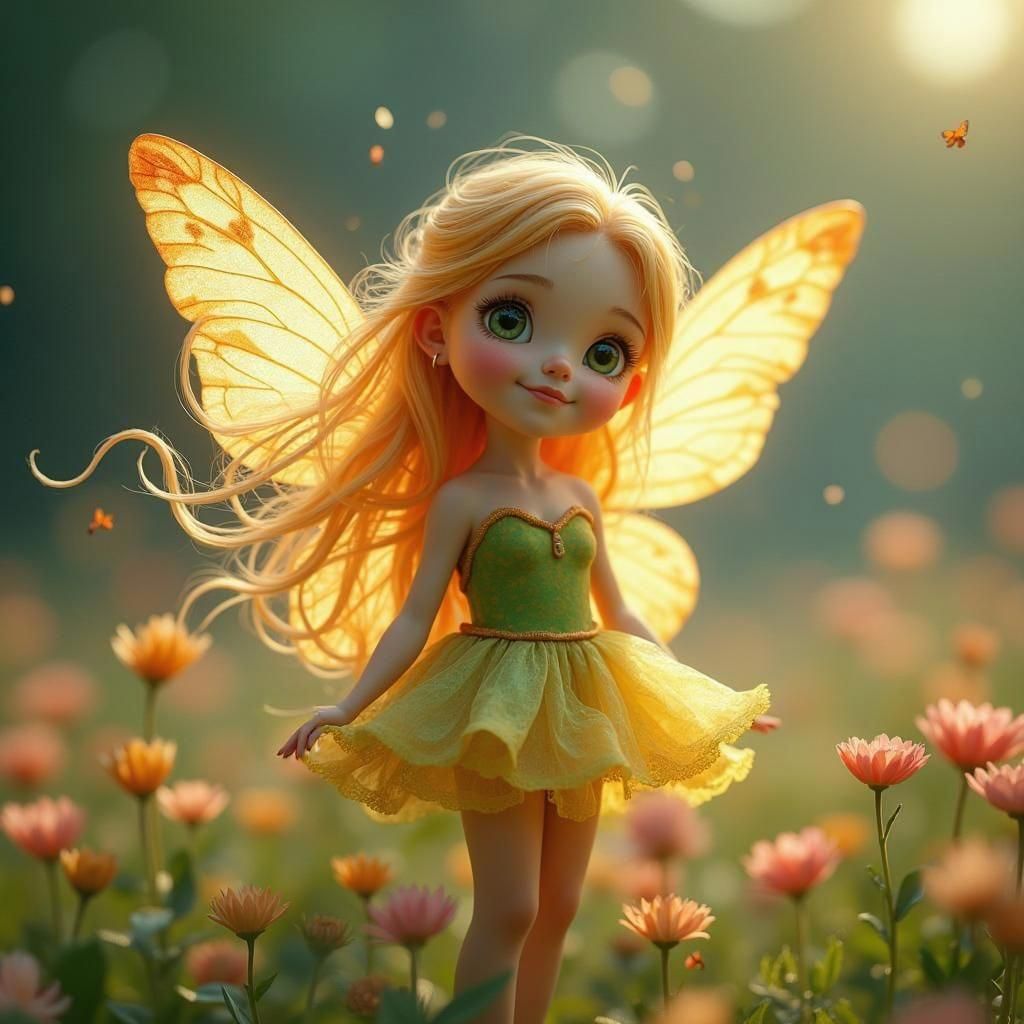 Butterfly Fairy with Golden Hair and Flower Dress