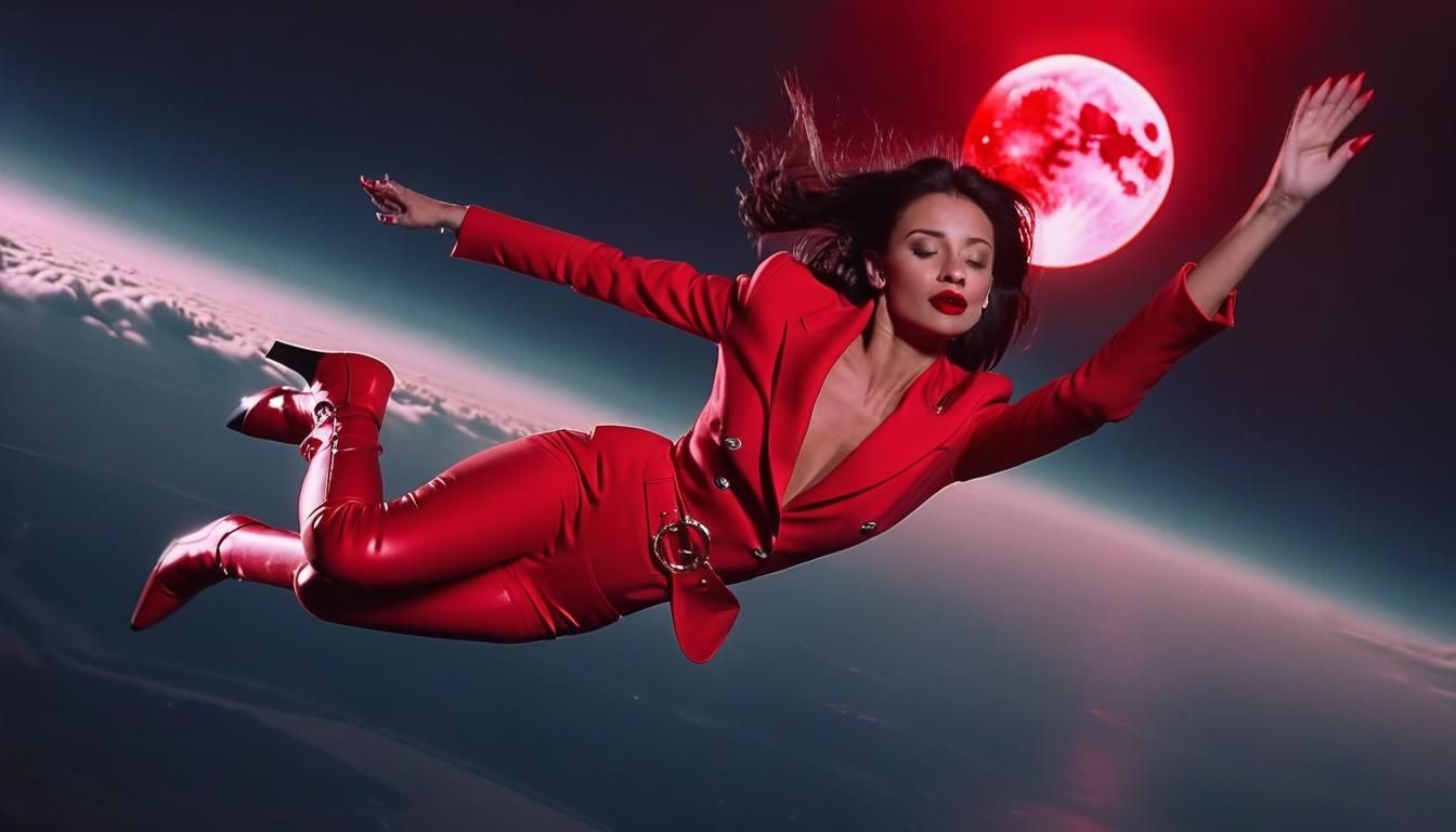 Woman in Red Suit Flying a Jet, Cinematic Still