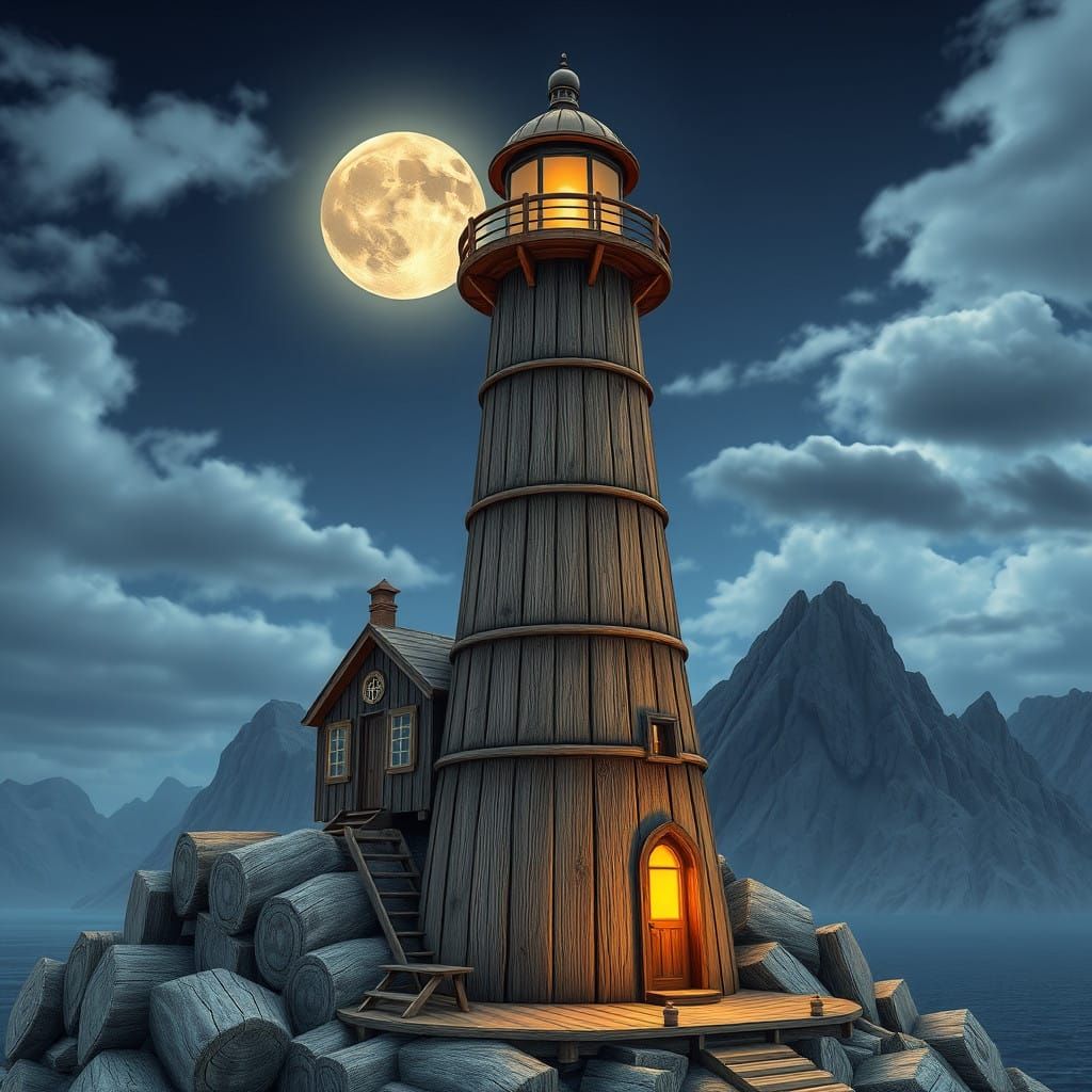 Wooden Lighthouse at Night With Burning Flame