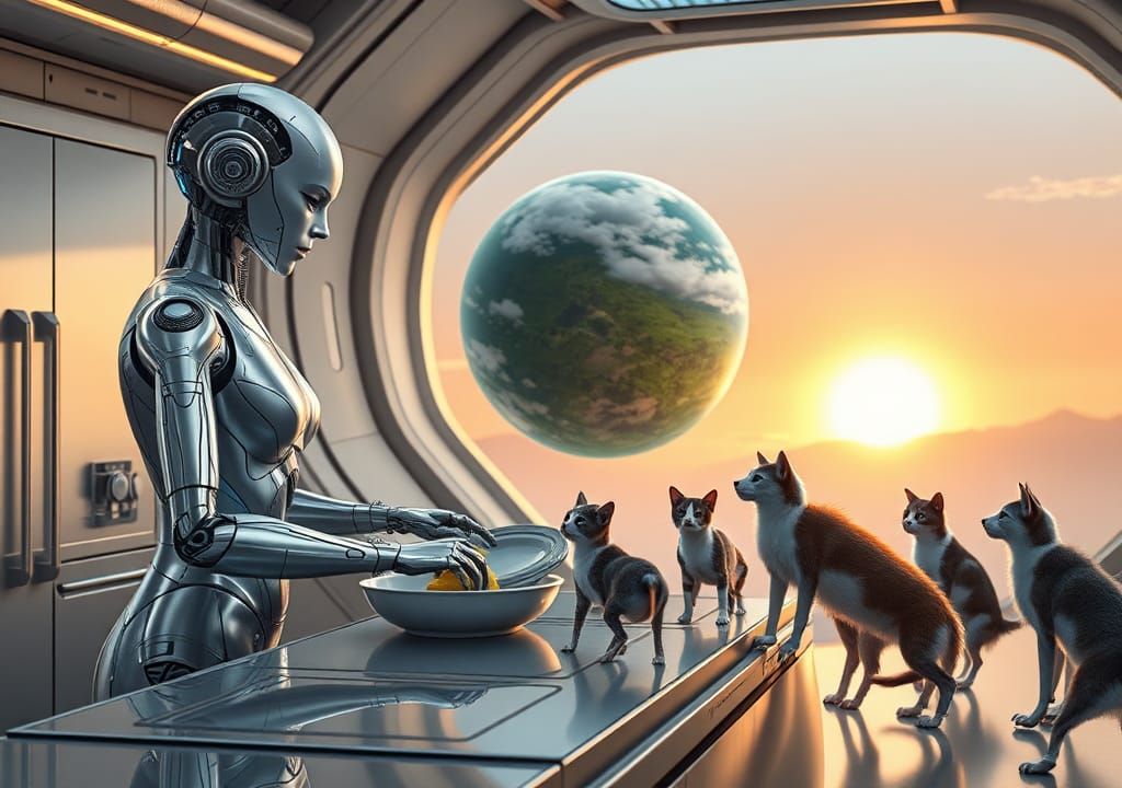 Futuristic Android Washing Dishes in Spaceship Kitchen