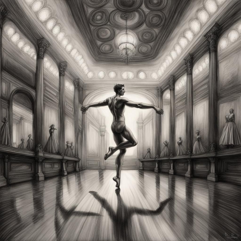 Lonely Ballet Dancer in Hall of Mirrors