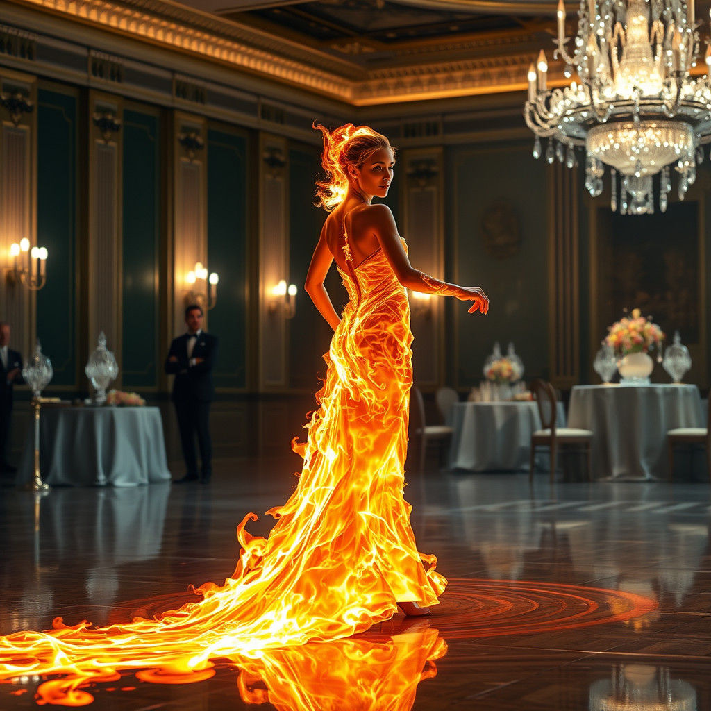 Woman Made of Fire Dances in Ballroom