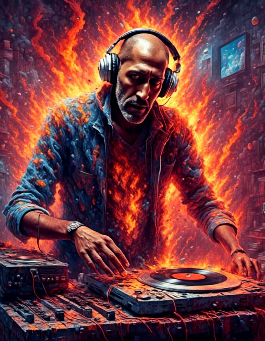 Ghostly Robotic DJ in Fiery Nightclub Scene