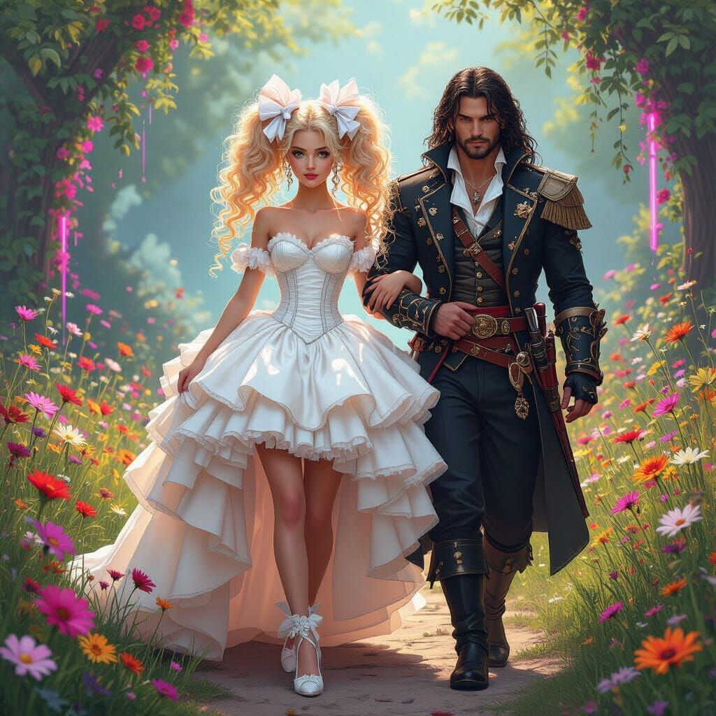 Bride and Warrior in Enchanted Synthwave Garden