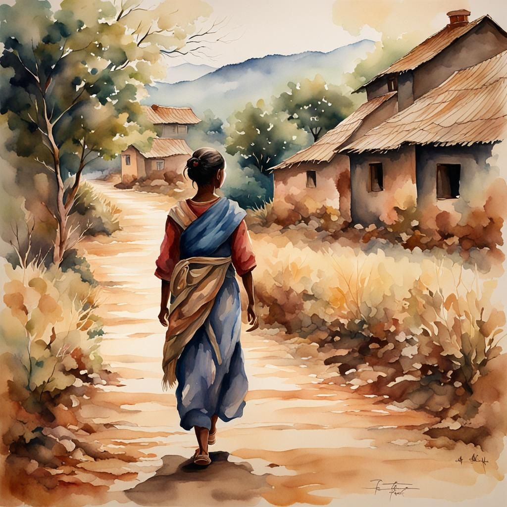 Watercolor Portrait of a Village Girl in Solitude