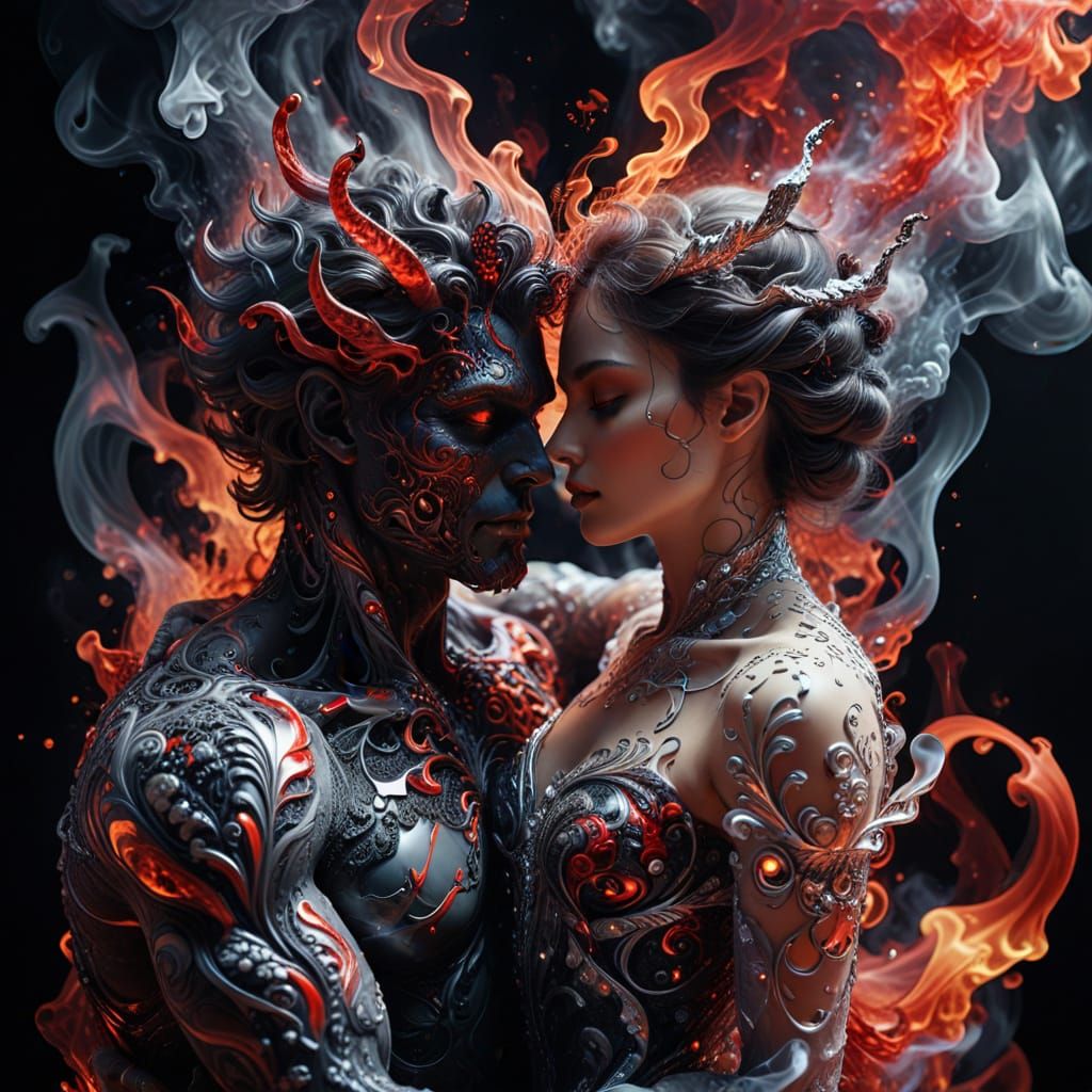 Angelic Demon Embrace in Surreal Digital Art
