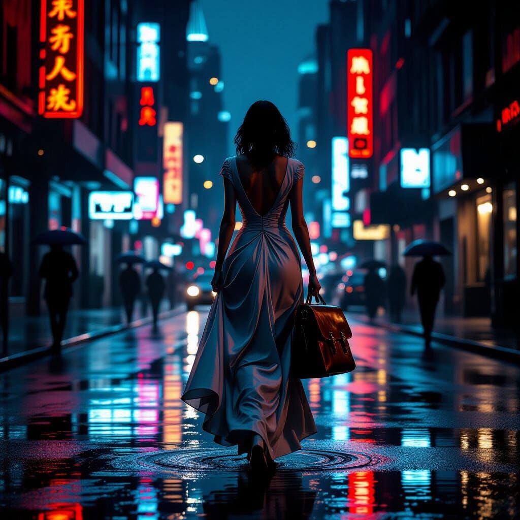 Elegant Woman in Avant-Garde Gown on Rainy City Street