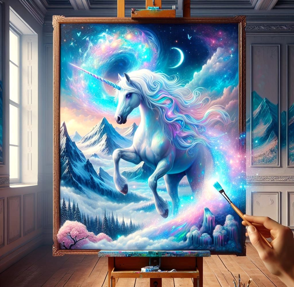 Surrealistic Unicorn Emerges from Magical Painting