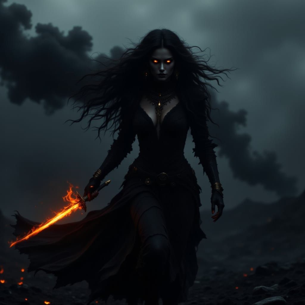 Fiery Goddess of Shadow and Flame Rises from Dark Smoke