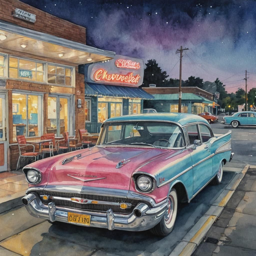 1957 Chevy Belair Diner Scene in Watercolor
