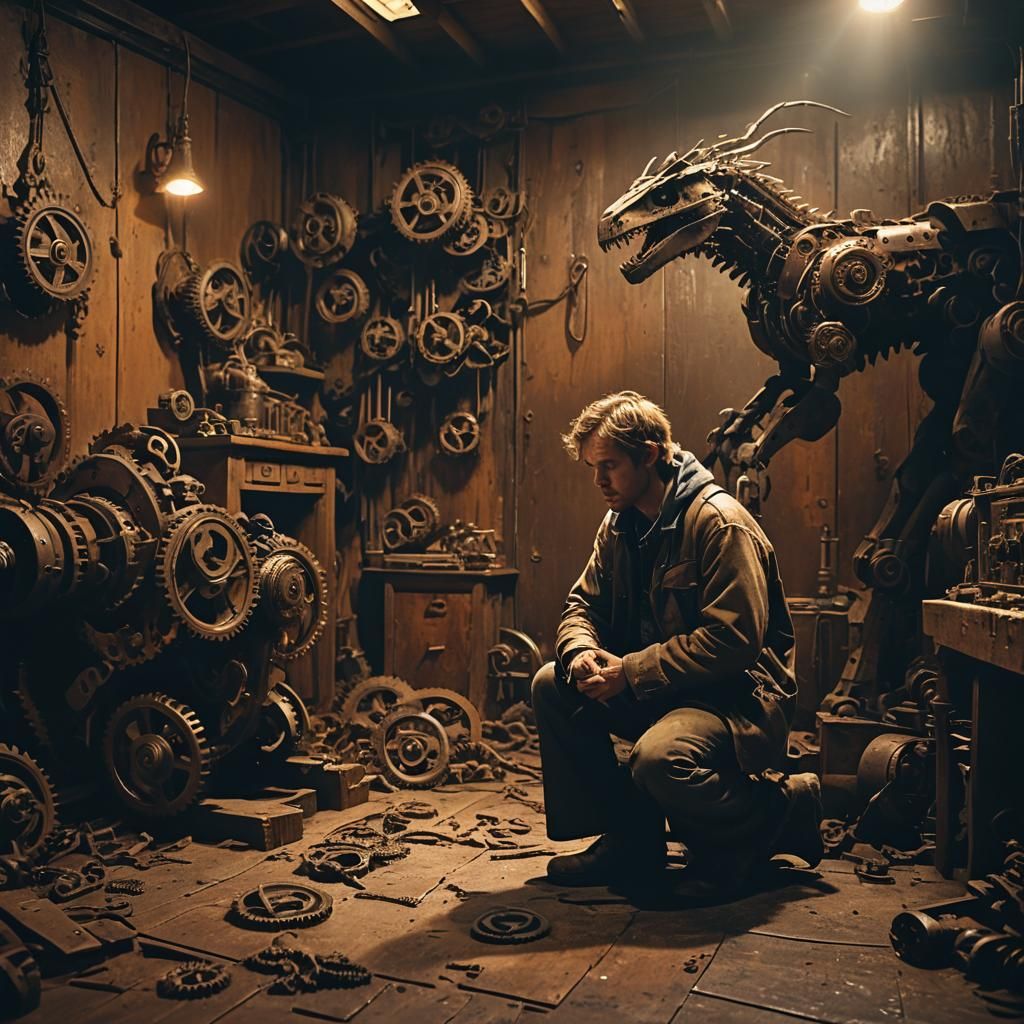 Mystical Being in Dimly Lit Workshop