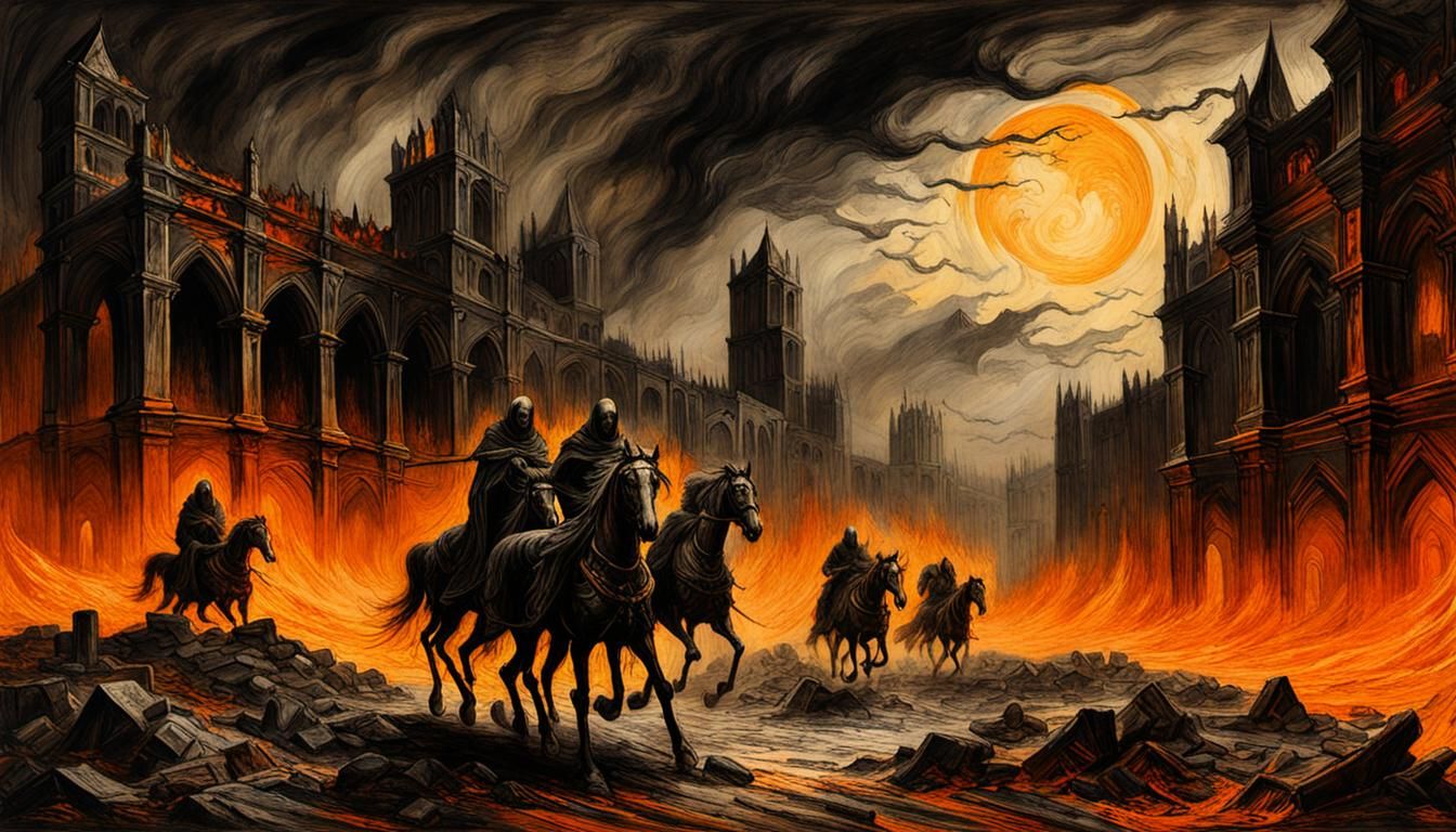 Apocalyptic Horsemen Engraving in Gothic Style