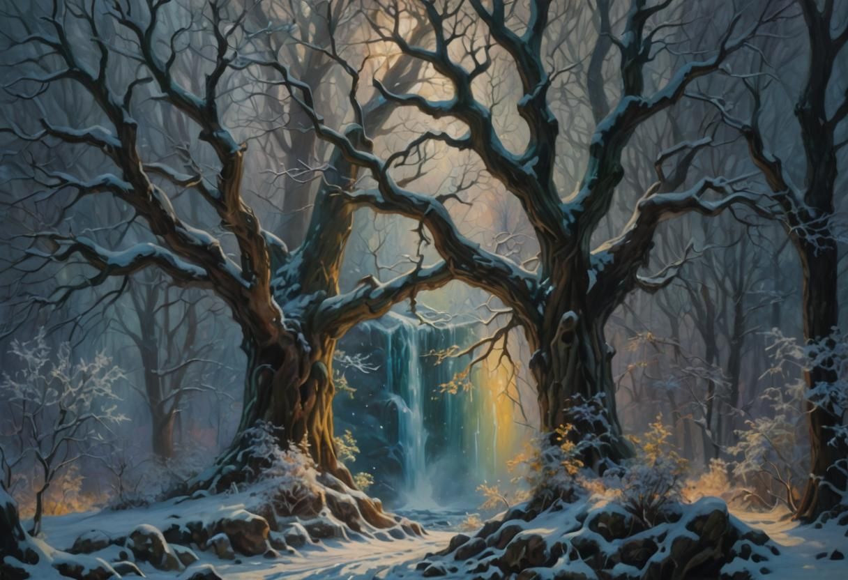 Oak Trees Frame Fairy Waterfall: Oil Painting
