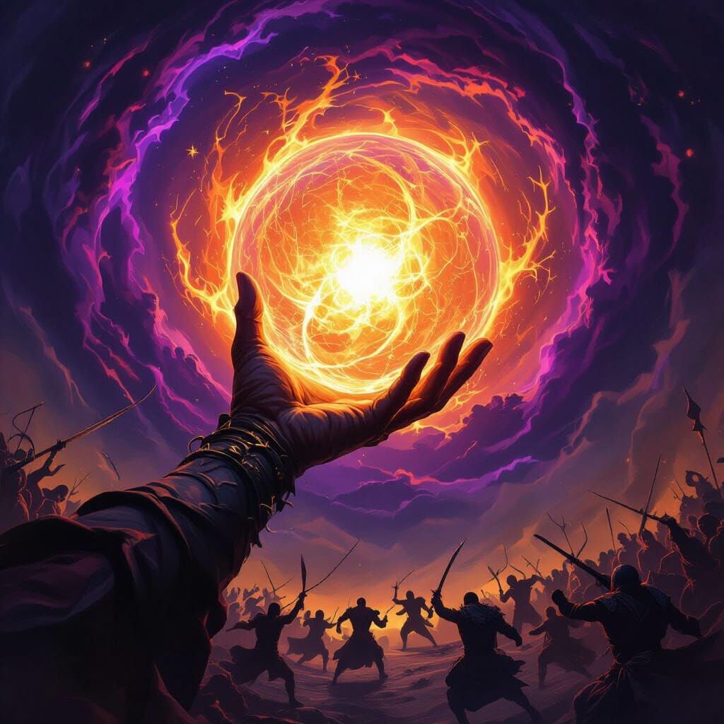 Cosmic Power Orb and Chaotic Battles in Ethereal Fantasy Art