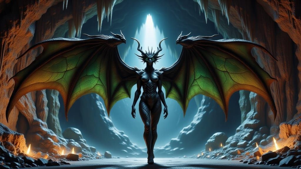 Imposing Dragon-Human Hybrid Woman in Cavern Lair